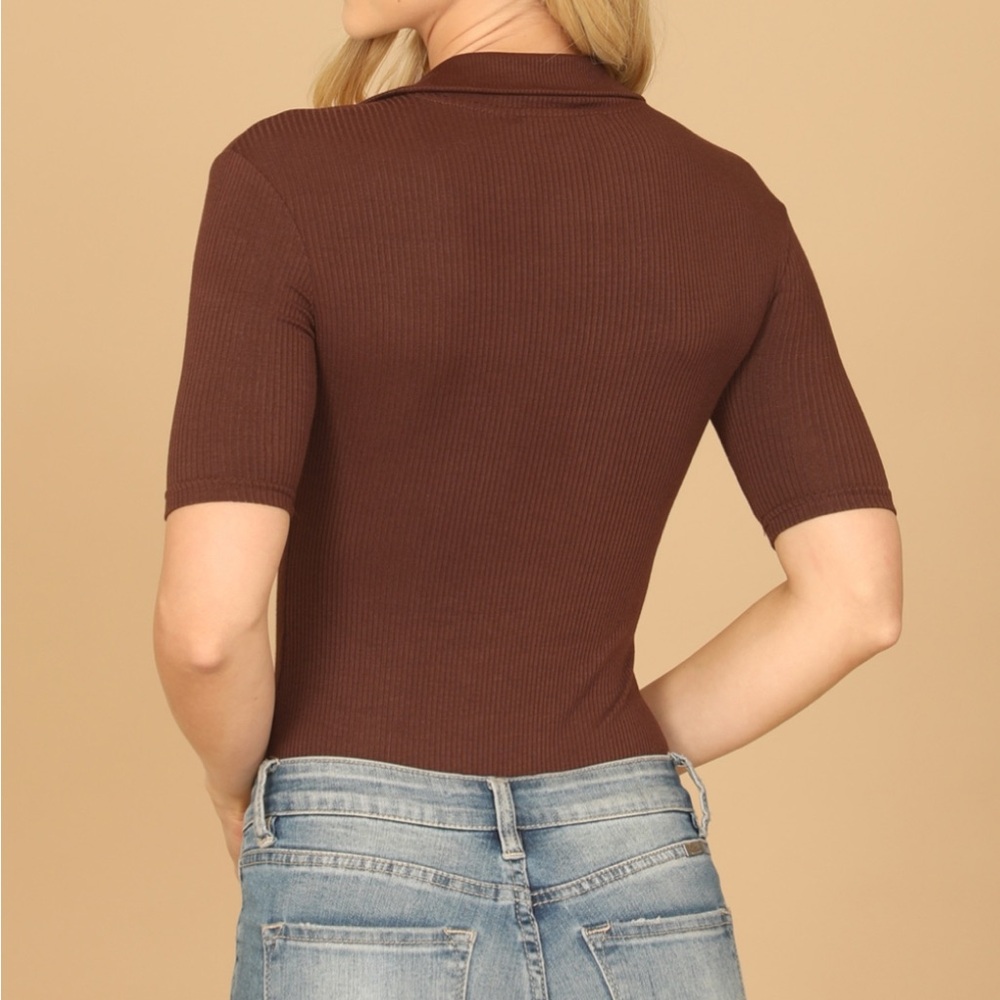 Brown Ribbed Button-Up Bodysuit - Picture 8 of 13